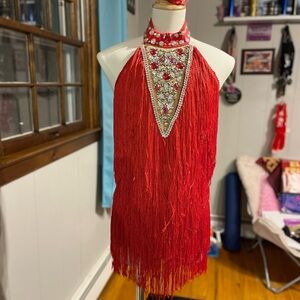 Red Fringe Halter Dress with Beaded Neckline